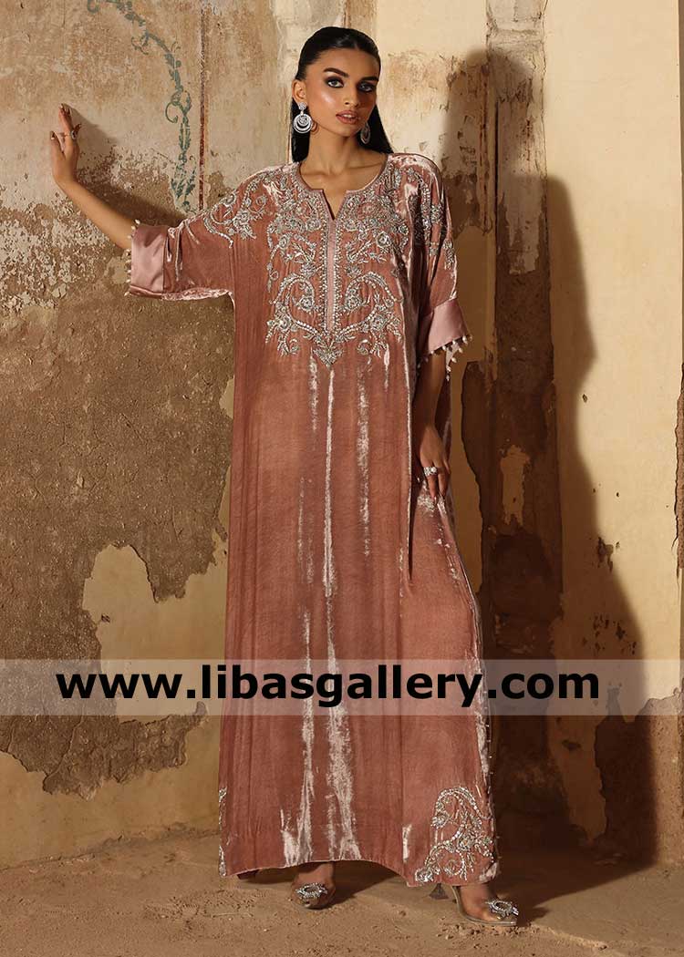 Tea rose Pink Women Kaftan with embellishment 